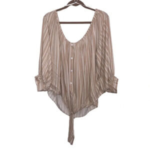 Lulu’s Off Shoulder Blouse Top XL Stripe Tan  Cream Keyhole Tie Bottom